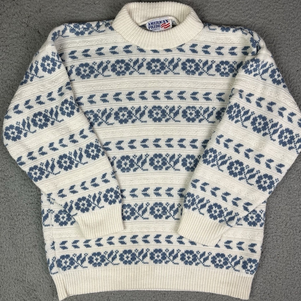 Vintage 90s Acrylic Blue & White American Pride Sweater Floral Flowers Womens L